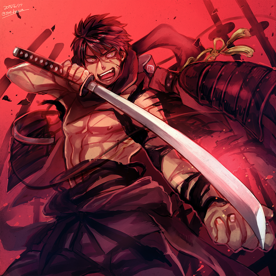 1:1_aspect_ratio angry anthropomorphization doutanuki_masakuni exposed_chest facial_mark injury male open_mouth pixiv_id_11159559 png_conversion red_background scar scratch short_hair simple_background solo sword tachi touken_ranbu weapon