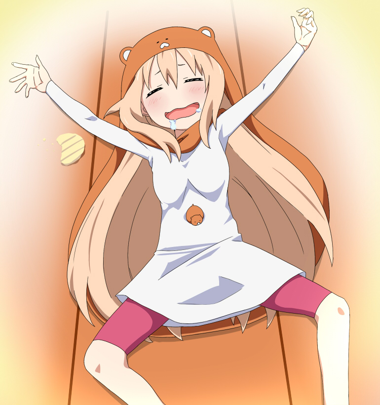 1girl :d cape doma_umaru hamster himouto!_umaru-chan hood long_hair lying on_back open_mouth potato_chips ribonzu saliva shorts smile solo