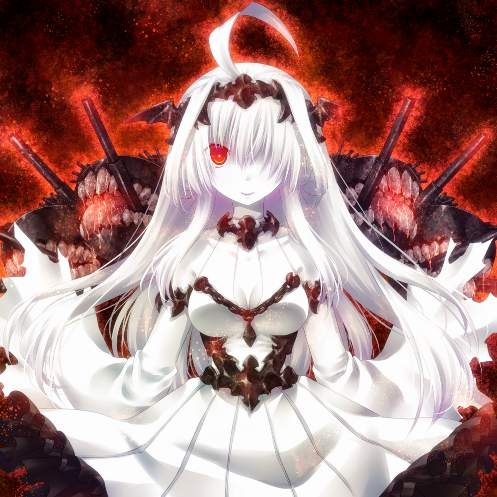 1:1_aspect_ratio ahoge asymmetrical_bangs bangs breasts cleavage door_to_heaven fan_character female kantai_collection one_eye_showing peek-a-boo_bang png_conversion side_bangs solo unnaturally_white_skin white_hair white_outfit