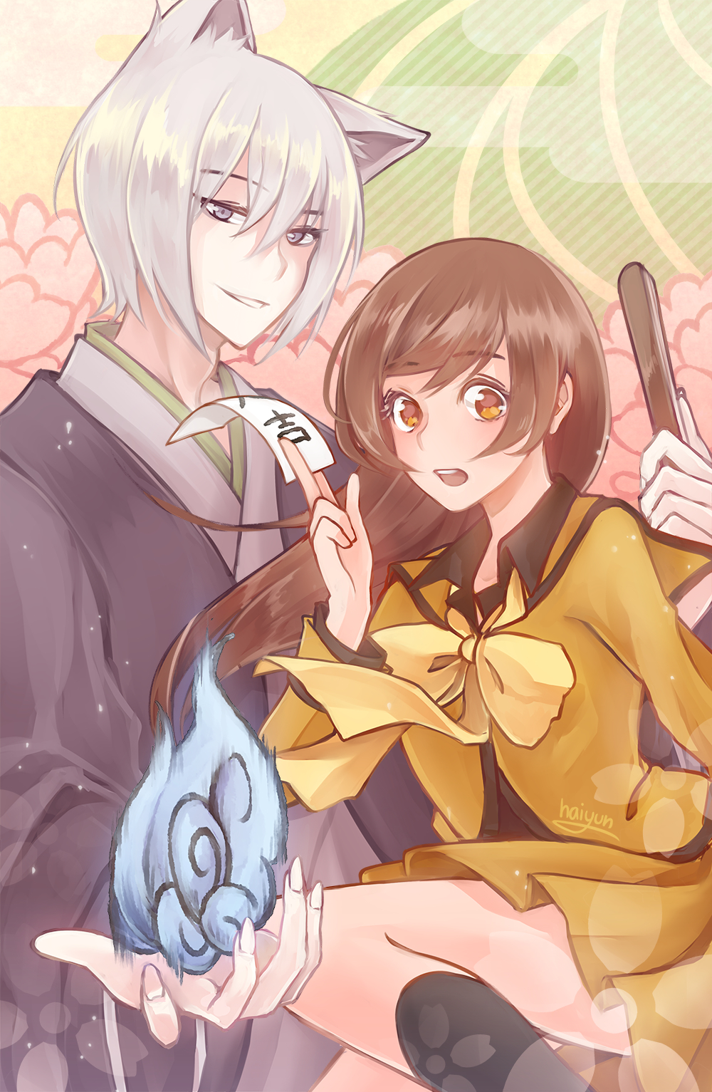 animal_ears bare_knees brown_hair duo female fox_ears foxfire haiyun high_resolution kamisama_hajimemashita knee_high_socks magic male nanami_momozono png_conversion school_uniform socks tomoe_(kamisama_hajimemashita) uniform white_hair