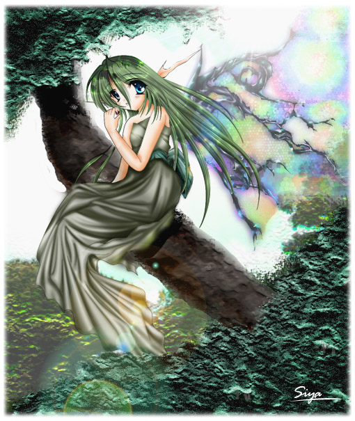 blue_eyes dress green_hair pointed_ears tree wings