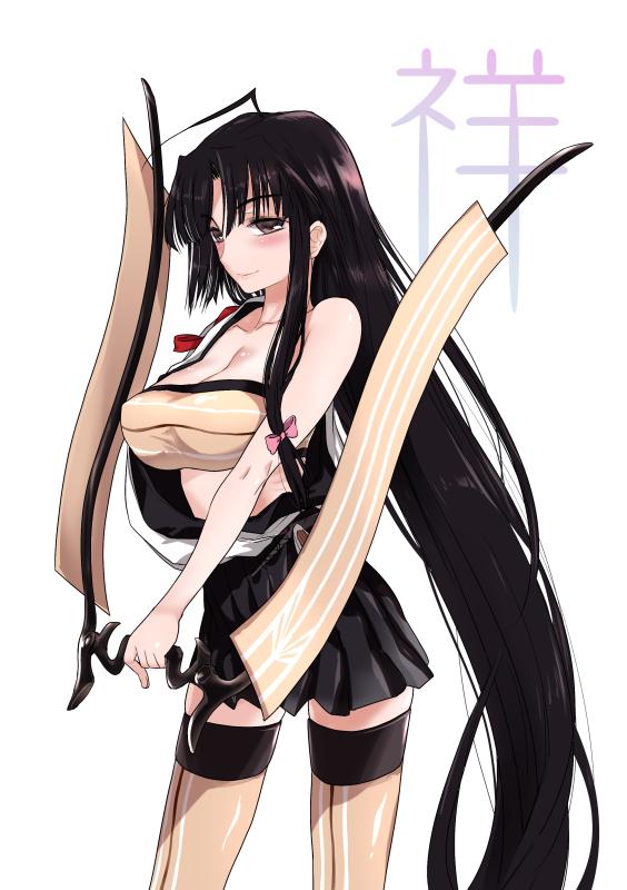1girl asymmetrical_clothes bandeau bangs black_hair bow_(weapon) breasts brown_eyes brown_hair brown_legwear holding_weapon japanese_clothes kantai_collection long_hair looking_at_viewer low_twintails off_shoulder parted_bangs pleated_skirt shouhou_(kantai_collection) skirt smile sumeragi_hamao thigh-highs twintails very_long_hair weapon zettai_ryouiki