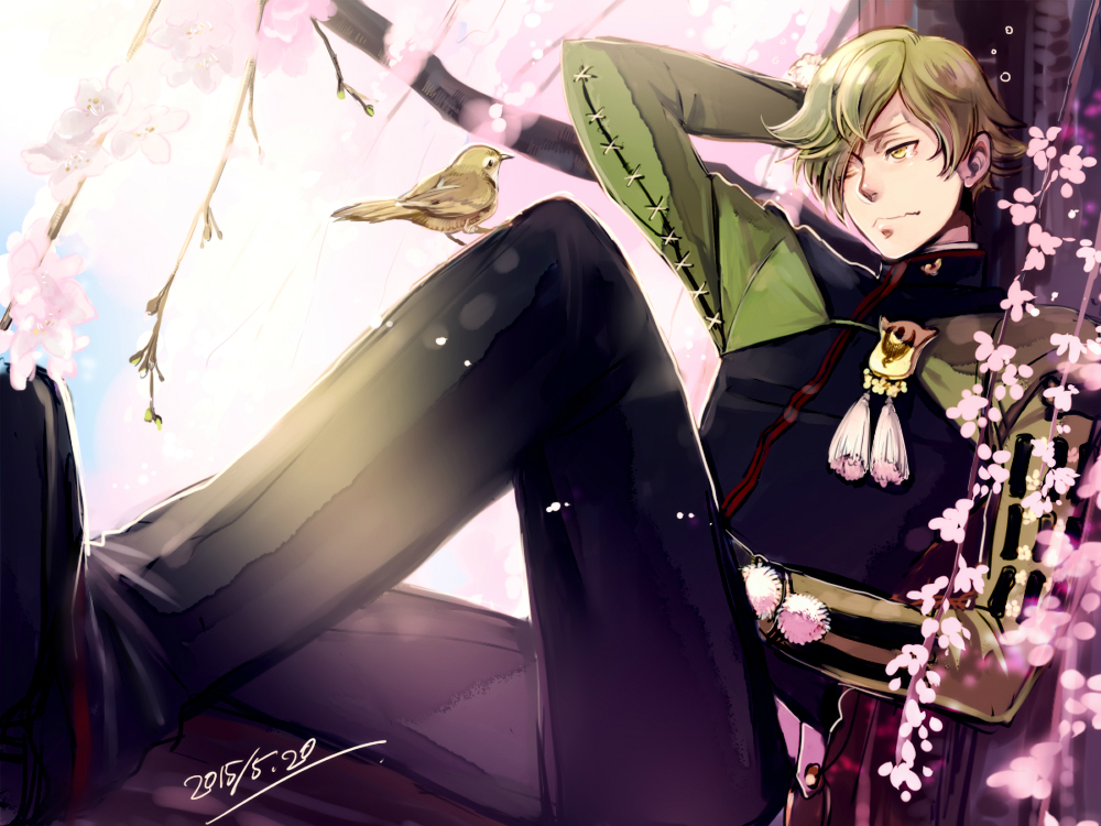 1000x750_wallpaper 4:3_aspect_ratio animal anthropomorphization bird cherry_blossom closed_mouth flower green_hair in_a_tree male one_eye_closed peek-a-boo_bang pixiv_id_11159559 png_conversion short_hair solo touken_ranbu tree uguisumaru wallpaper wallpaper_4:3_ratio wink