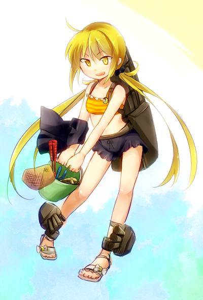 ahoge anthropomorphization blonde kantai_collection long_hair moon sandals satsuki soramiso swimsuit twintails weapon yellow_eyes