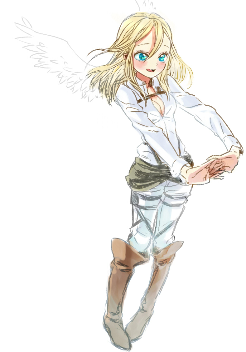 anco_(sentiment_color) blonde blue_eyes blush boots happy krista_lenz shingeki_no_kyojin short_hair uniform wings