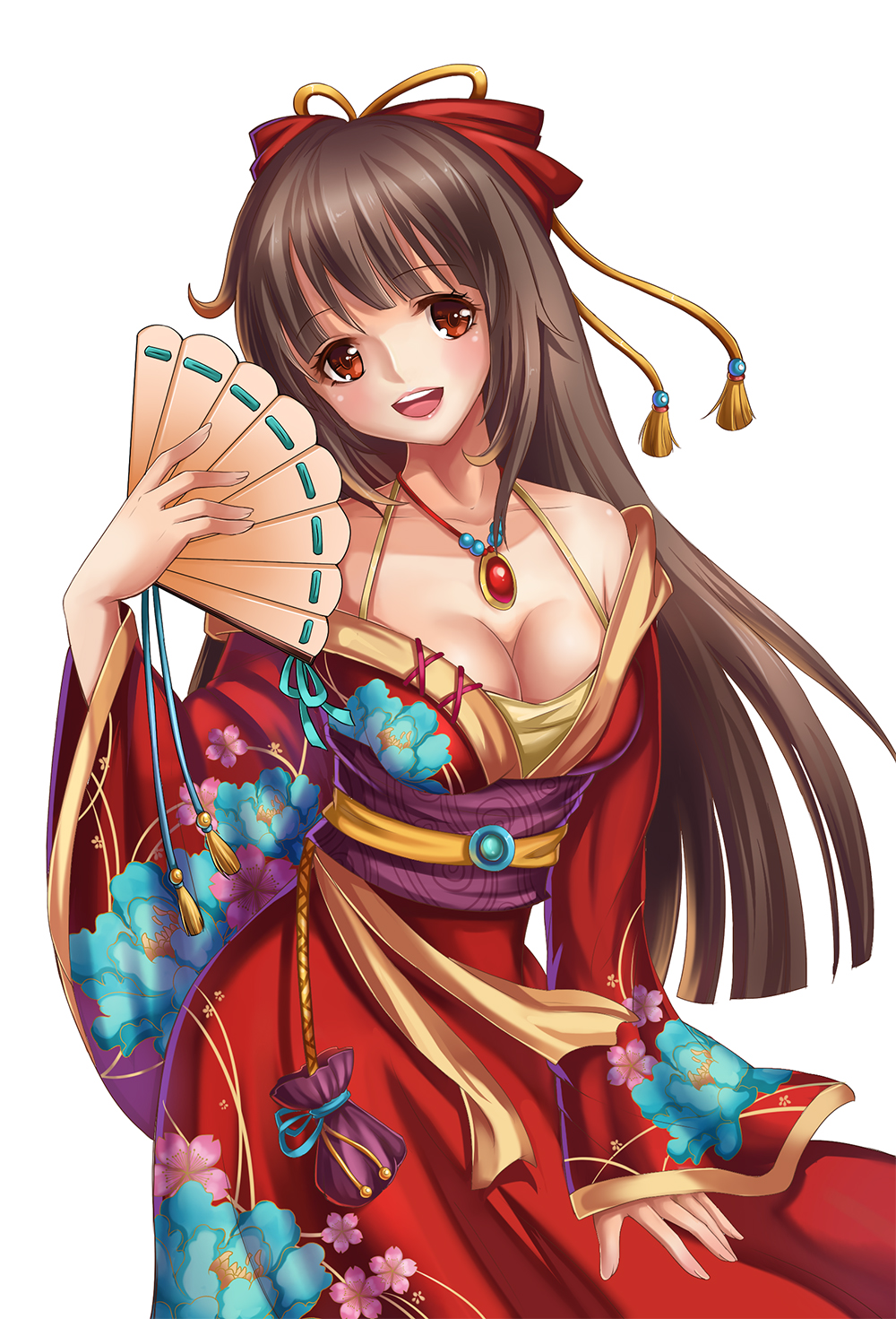 1girl bare_shoulders blush bow breasts brown_eyes brown_hair cleavage collarbone cowboy_shot fan fanning_face fanning_self floral_print folding_fan hair_bow hair_ribbon highres japanese_clothes jewelry kimono large_breasts lips lipstick long_hair looking_at_viewer makeup necklace obi open_mouth original pendant pink_lipstick ribbon sash simple_background smile solo syuka_(sunnypigling) white_background