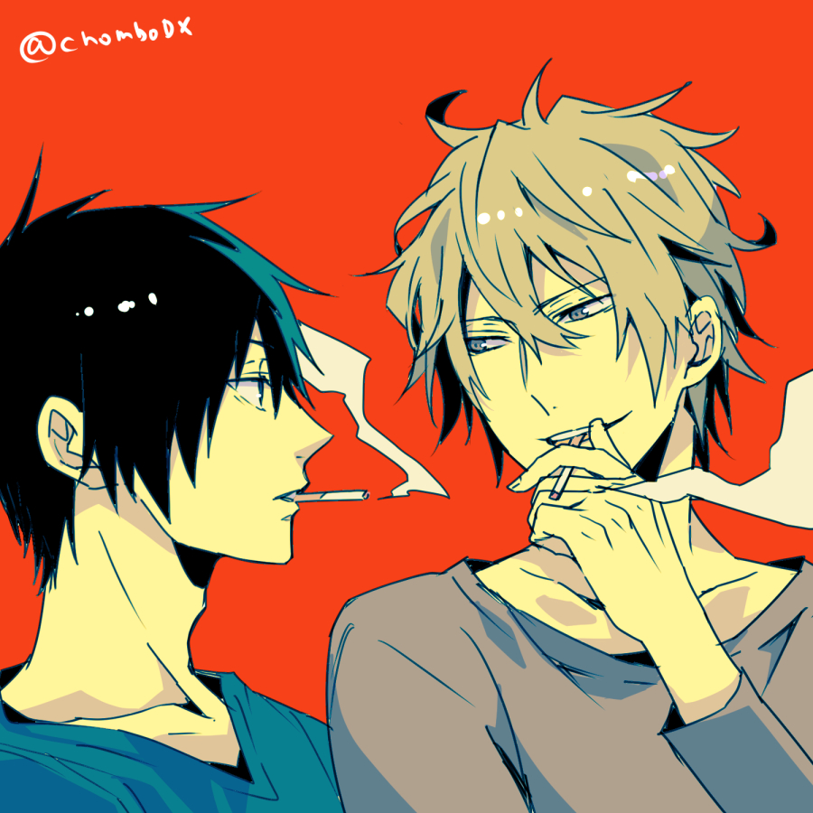 1:1_aspect_ratio 2boys black_hair blonde chonnbo cigarette duo durarara!! heiwajima_shizuo male multiple_boys orihara_izaya red_background short_hair simple_background smoking