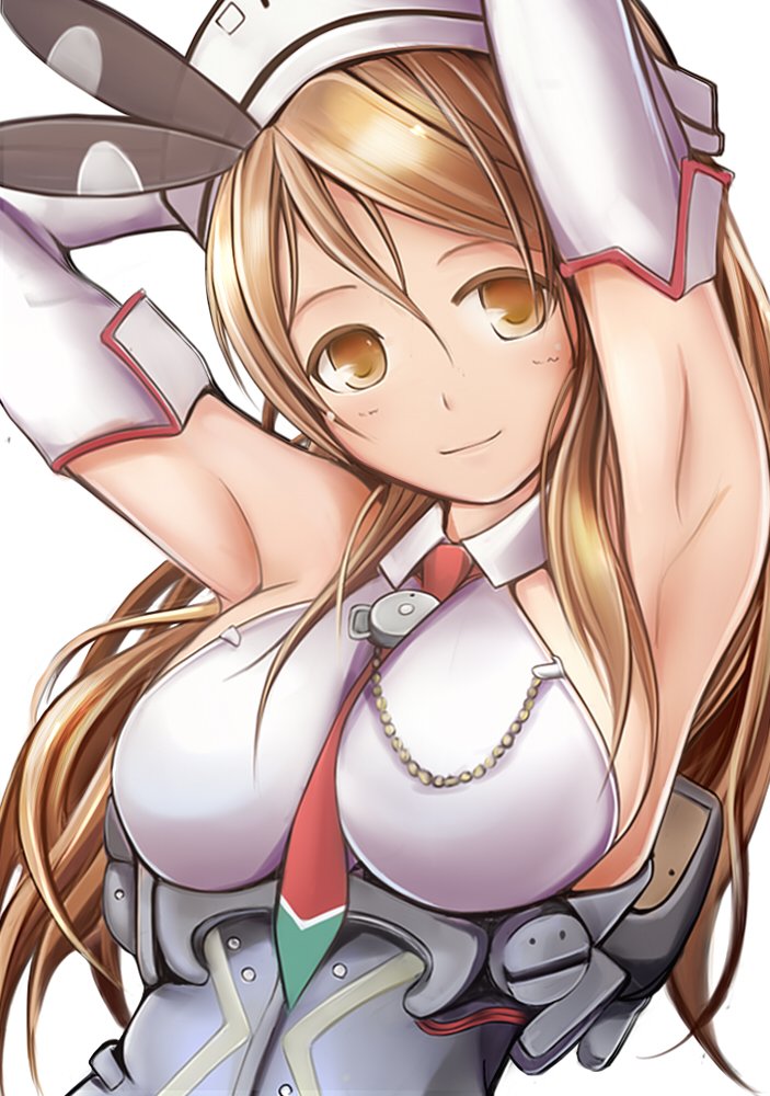 1girl armor armpits arms_behind_head bare_shoulders between_breasts breasts brown_eyes brown_hair detached_sleeves headdress kantai_collection large_breasts light_smile littorio_(kantai_collection) long_hair looking_at_viewer nannacy7 necktie necktie_between_breasts ponytail sideboob simple_background solo upper_body white_background