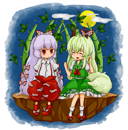 bad_id bamboo bamboo_forest chibi chiyako closed_eyes cloud dress ex-keine ex_keine forest fujiwara_no_mokou green_hair kamishirasawa_keine long_hair moon multiple_girls nature red_eyes ribbon silver_hair sky smile stone tail touhou