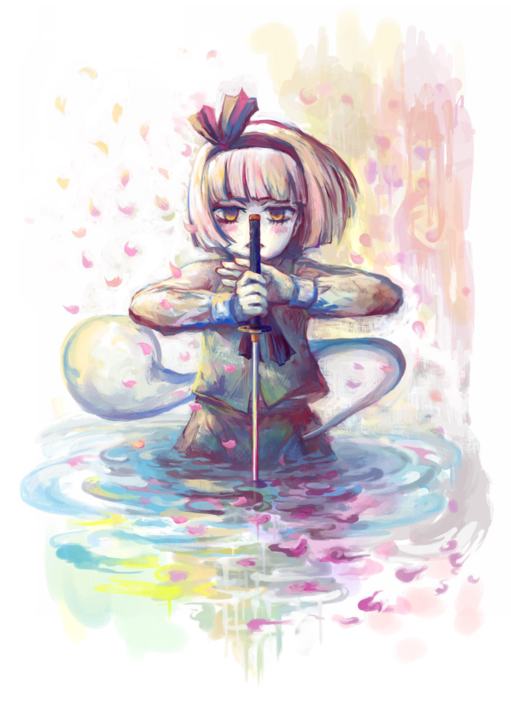 blunt_bangs bob_cut cherry_blossoms faux_traditional_media hairband hatoya_hato hitodama katana konpaku_youmu konpaku_youmu_(ghost) myon orange_eyes petals short_hair submerged sword touhou water weapon white_hair