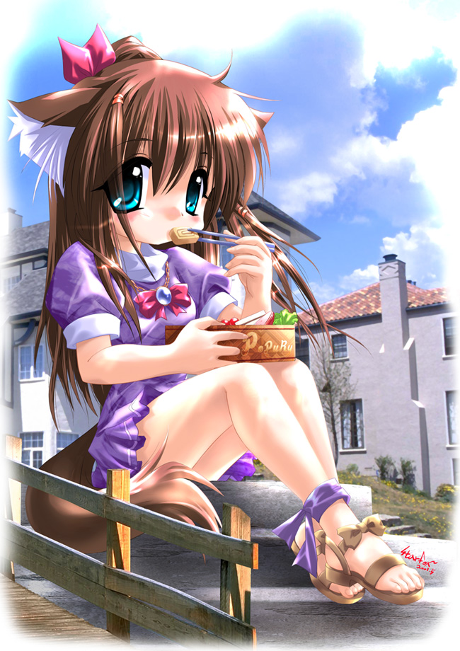 aqua_eyes blush brown_hair child dress eating long_hair nymphclub popury ribbon sky starfox_(artist) tail waitress