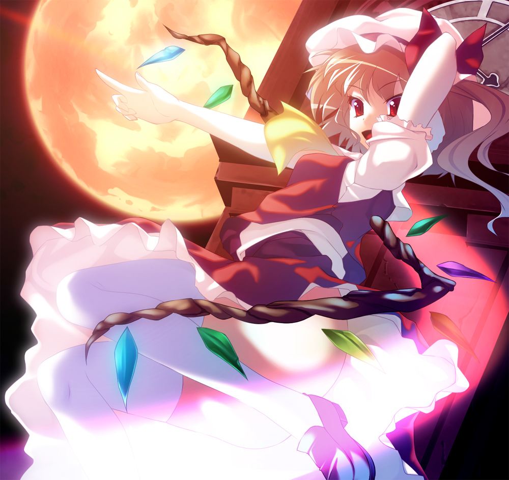 clock clock_tower flandre_scarlet full_moon hat ichio moon ponytail red_eyes short_hair side_ponytail thigh-highs thighhighs touhou tower wings