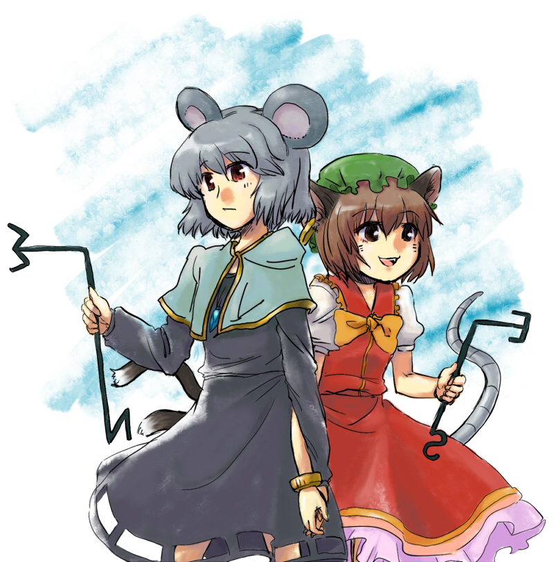 animal_ears brown_hair cat_ears cat_tail chen colored earrings grey_hair hat jewelry mouse_ears mouse_tail multiple_tails nazrin pendant red_eyes short_hair tail touhou