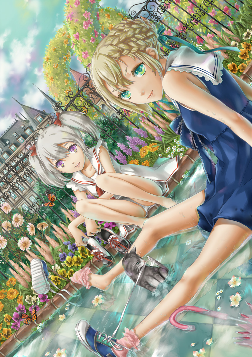 bad_id blonde_hair bow braid cat child dr. dress fence flower green_eyes highres laces multiple_girls original petals purple_eyes shoes silver_hair single_shoe sitting sneakers socks twintails umbrella violet_eyes water wet