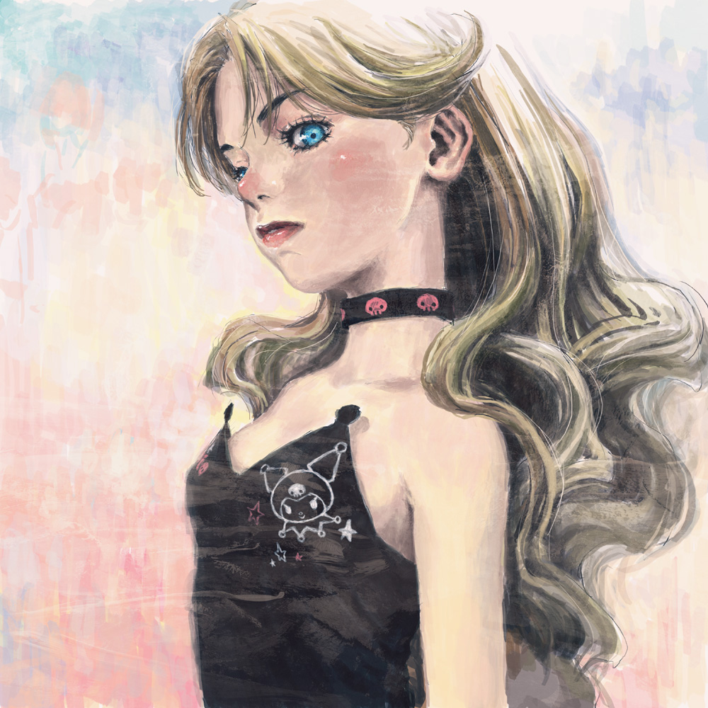 black_dress blonde_hair blue_eyes blush choker dress long_hair no_lineart original sugar_bee