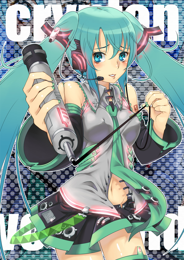 a0 aqua_eyes aqua_hair detached_sleeves erect_nipples hatsune_miku headphones headset liminarity long_hair microphone midriff necktie skirt smile solo thigh-highs thighhighs twintails vocaloid zettai_ryouiki