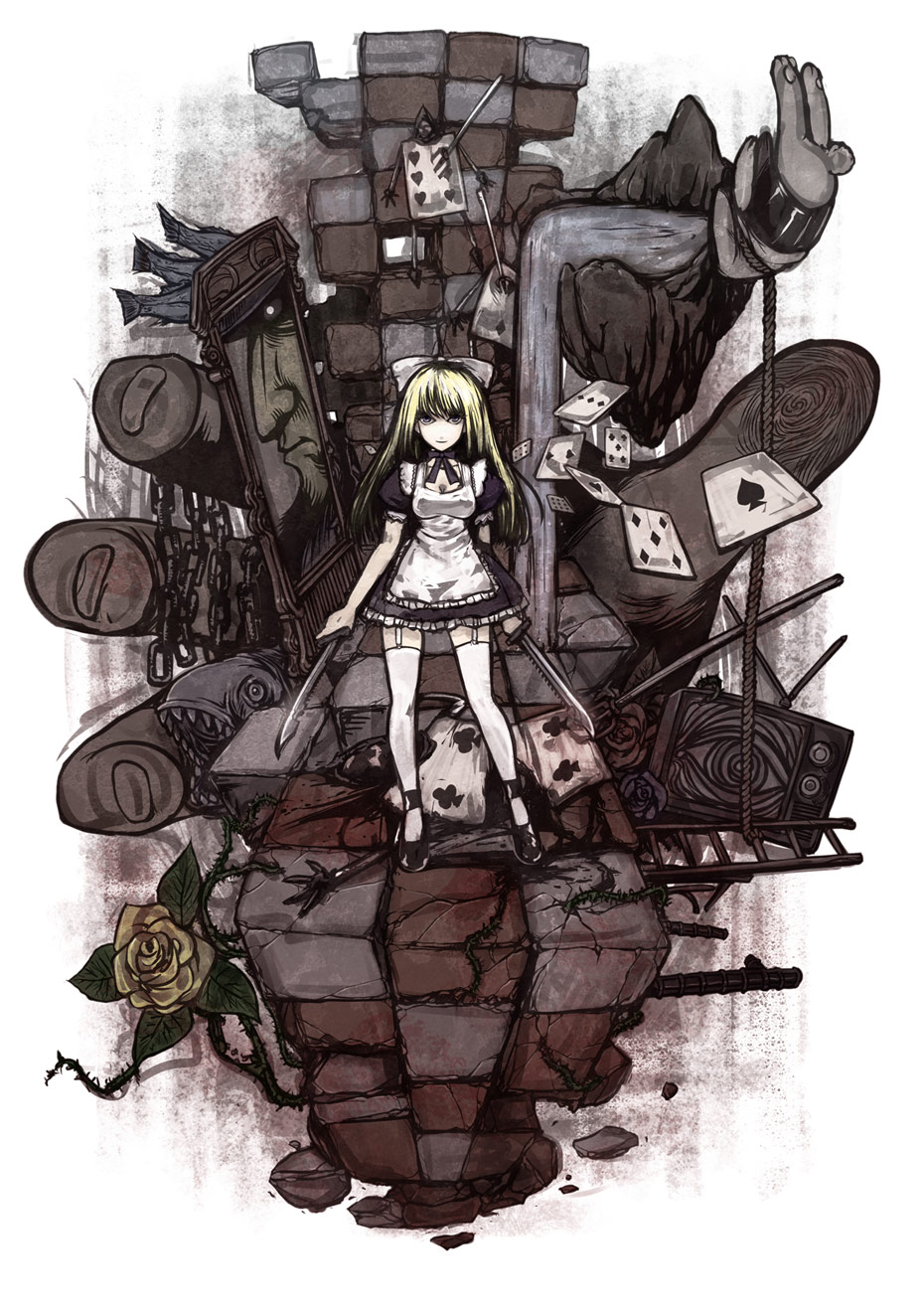 alice_in_wonderland blonde_hair bow card card_creature dual_wield dual_wielding falling_card fish flower hair_bow highres kazu knife legs long_hair lying_card maid mirror pitchfork playing_card playing_cards solo spade surreal sword thighhighs weapon zettai_ryouiki
