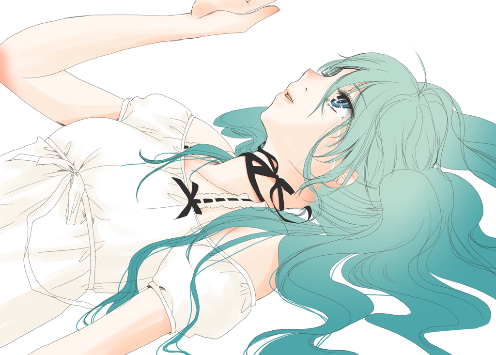 aqua_eyes aqua_hair bad_id dress hatsune_miku long_hair lying ne_(pixiv737209) on_back simple_background solo tears twintails vocaloid white_dress