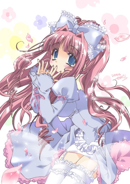 dress emily_(pure_dream) garters hair_ribbon long_hair red_hair redhead ribbon thigh-highs thighhighs