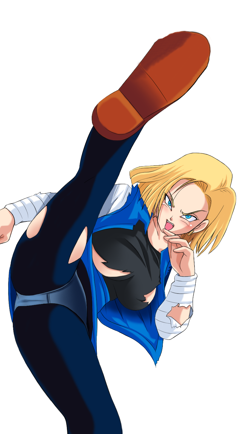 android_18 aqua_eyes blonde_hair dragonball earrings kick pantyhose simple_background torn_clothes torn_pantyhose upskirt