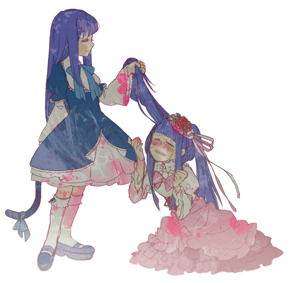 2girls blood blue_hair blush bow cat_tail chajka dress flower frederica_bernkastel frills furudo_erika hair_ornament hair_pull kneehighs long_hair mary_janes multiple_girls ribbon rose shoes simple_background tail tears twintails umineko_no_naku_koro_ni