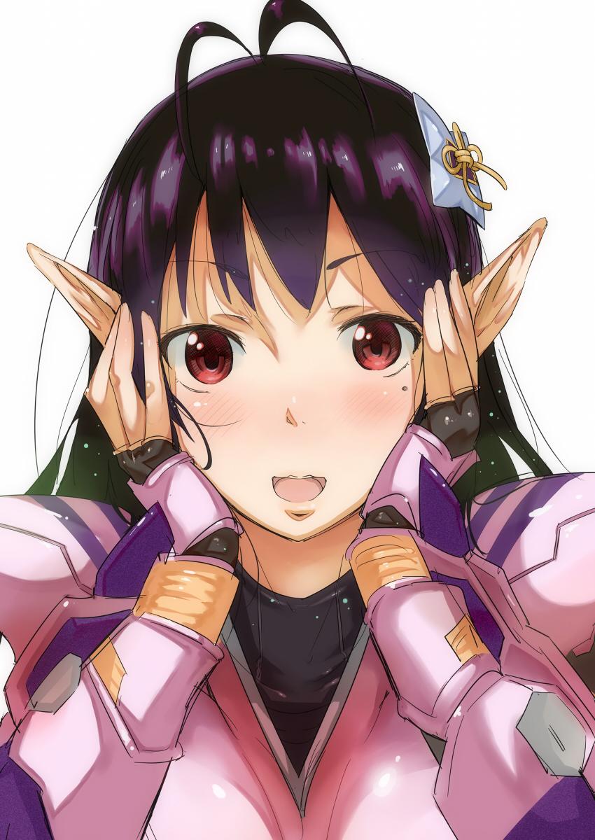 1girl antenna_hair blush breasts face hair_ornament hands_on_own_face highres katori_(pso2) long_hair looking_at_viewer mole mole_under_eye phantasy_star phantasy_star_online_2 pointy_ears purple_hair simple_background solo tokiwa_mmm upper_body white_background