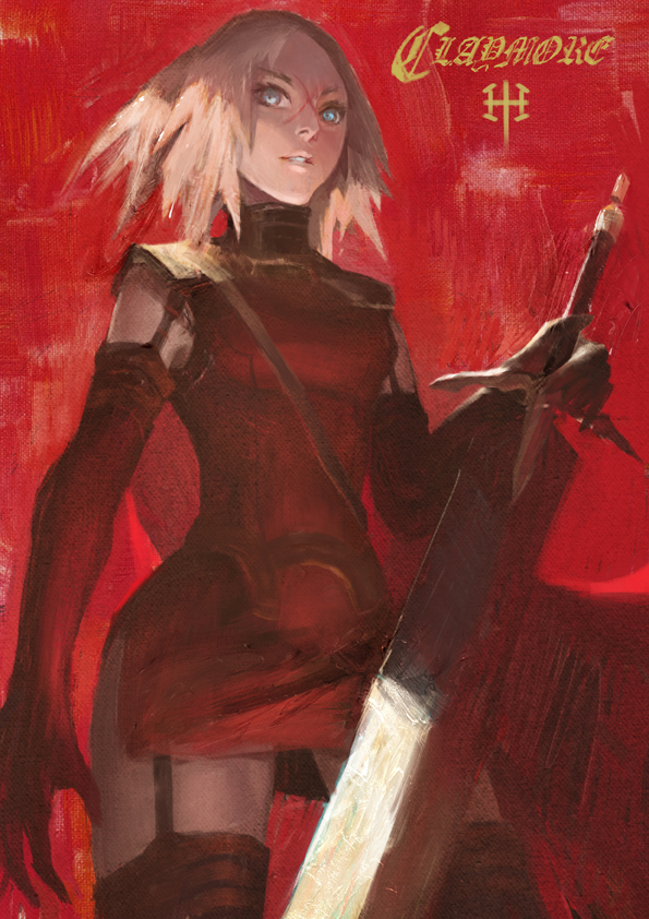 1girl armor artist_request blonde_hair breasts cape claymore claymore_(sword) copyright_name gloves grey_eyes long_hair miria painterly red_background scar solo sword thigh-highs weapon