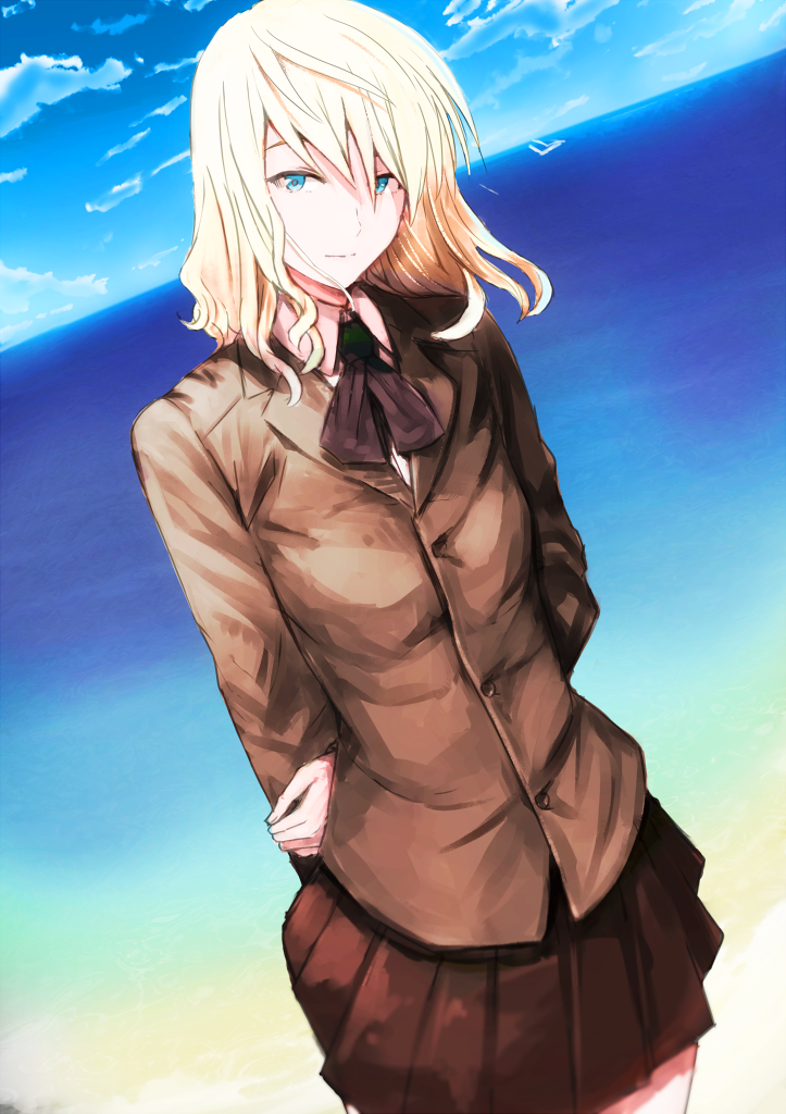 1girl arms_behind_back blonde_hair blue_eyes clouds cowboy_shot long_hair looking_at_viewer ocean ogros original pleated_skirt school_uniform skirt sky solo