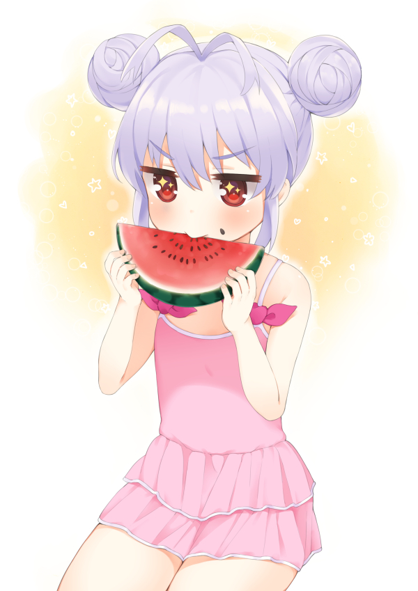 1girl antenna_hair blush double_bun eating food fruit hym9594 miyauchi_renge mouth_hold non_non_biyori purple_hair red_eyes sitting skirt solo sparkling_eyes swimsuit watermelon