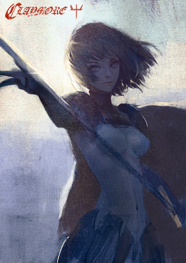 1girl armor artist_request breasts cape clare_(claymore) claymore copyright_name painterly short_hair simple_background solo sword weapon