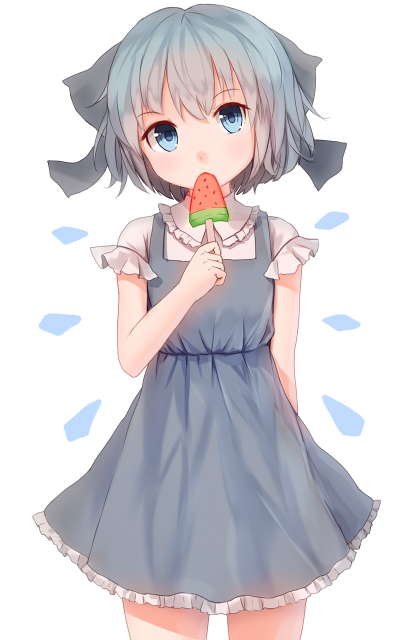 1girl blue_eyes blue_hair bow cirno dress hair_bow highres ice ice_wings looking_at_viewer popsicle shone short_hair simple_background solo touhou watermelon_bar white_background wings