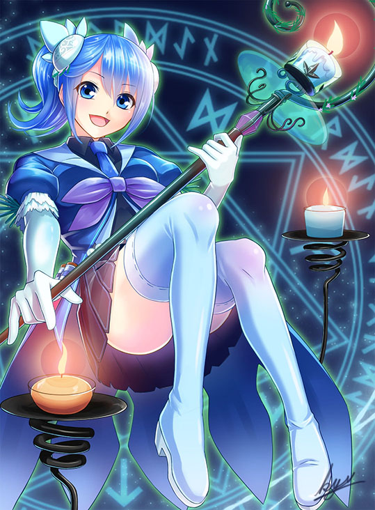 1girl aromage_-_rosemary black_skirt blue_eyes blue_hair blue_legwear bow candle convenient_censoring duel_monster elbow_gloves gloves hair_ornament kyu_(wein-seria) looking_at_viewer magic_circle necktie open_mouth short_hair skirt smile solo staff thigh-highs white_gloves yuu-gi-ou