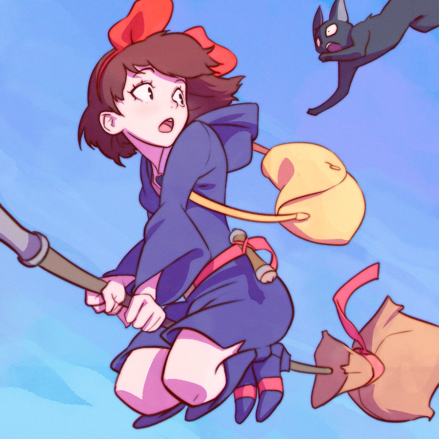 1girl black_cat black_hair bow broom broom_riding brown_hair cat cosplay hair_bow ilya_kuvshinov jiji_(majo_no_takkyuubin) kiki little_witch_academia looking_back majo_no_takkyuubin open_mouth short_hair solo