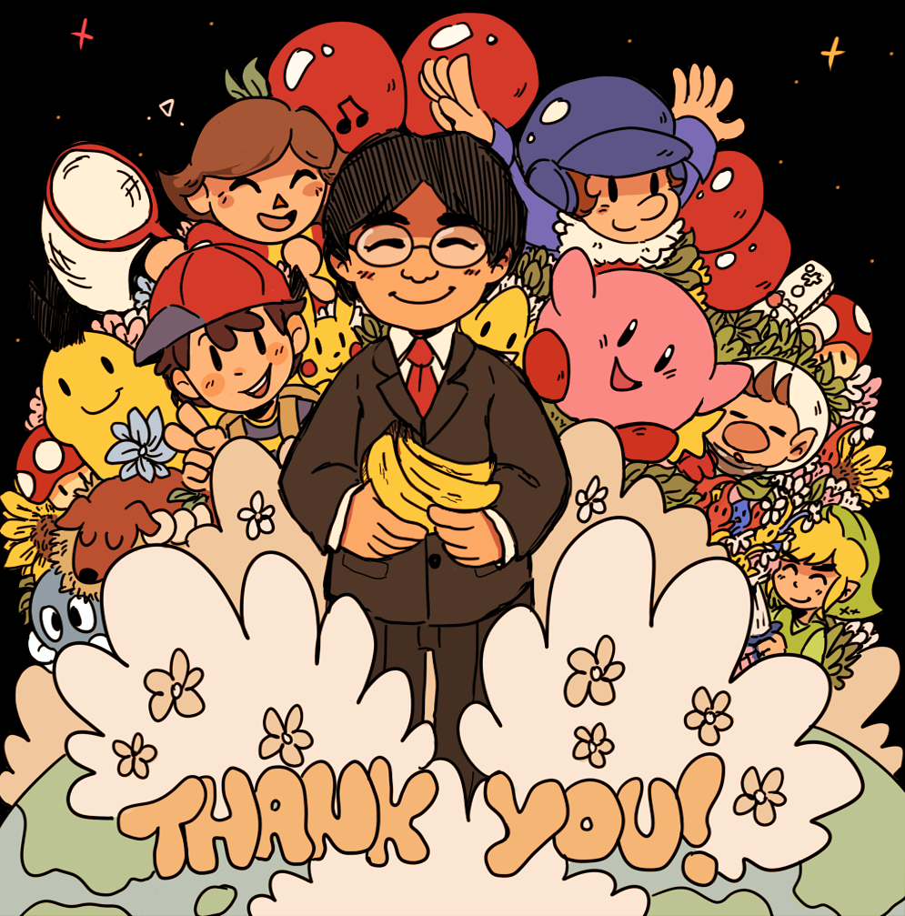 1girl 6+boys adventures_of_lolo animal_crossing artist_request balloon balloon_figher balloon_fight banana densetsu_no_stafy dog doubutsu_no_mori eartbound earth earthbound_(series) fruit gen_1_pokemon hal_laboratory_inc. hoshi_no_kirby iwata_satoru kirby kirby_(series) link lololo_(kirby) super_mario_bros. mother_(series) mother_2 mushroom ness nintendo nintendo_ead olimar pikachu pikmin pikmin_(creature) pikmin_(series) pokemon pokemon_(creature) real_life sadness stafy super_smash_bros. tagme the_legend_of_zelda the_legend_of_zelda:_the_wind_waker toon_link villager_(animal_crossing) villager_(doubutsu_no_mori)