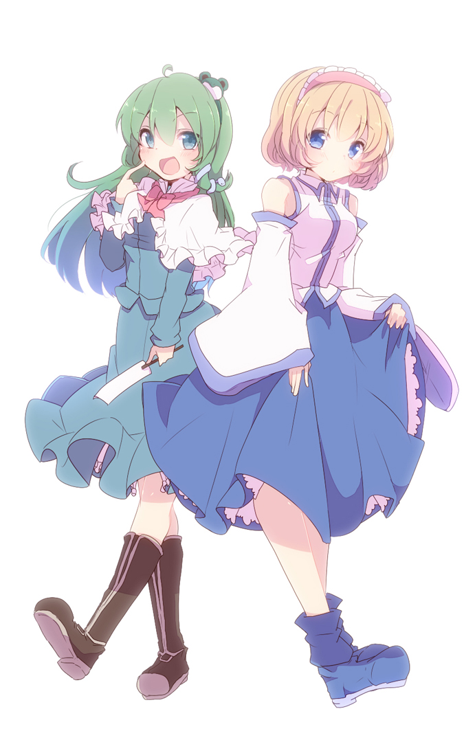 2girls alice_margatroid alice_margatroid_(cosplay) aoi_(annbi) blonde_hair blue_eyes bow capelet cosplay costume_switch detached_sleeves dress frog frog_hair_ornament green_eyes green_hair hair_ornament hairband kochiya_sanae kochiya_sanae_(cosplay) long_hair multiple_girls oonusa ribbon short_hair skirt smile snake snake_hair_ornament touhou