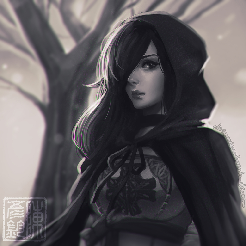 1girl breasts choker cloak clockwork-cadaver dark_souls_2 emerald_herald eyelashes greyscale hair_over_one_eye hood lips long_hair looking_at_viewer monochrome nose solo souls_(from_software)