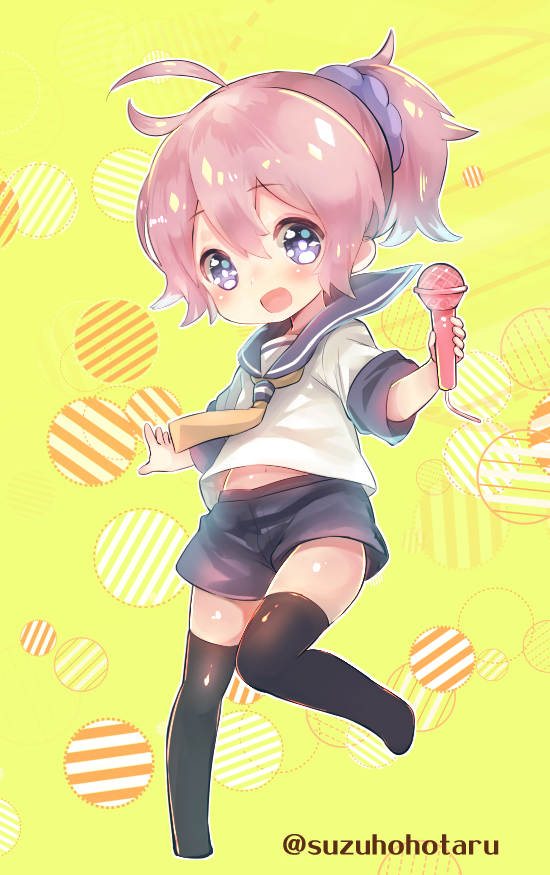 1girl age_difference age_regression aoba_(kantai_collection) bandana blush kantai_collection microphone no_shoes open_mouth pink_hair ponytail sailor_collar school_uniform short_hair shorts smile solo suzuho_hotaru thigh-highs violet_eyes younger