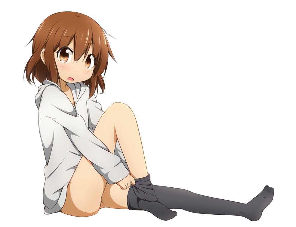 1girl adjusting_clothes adjusting_legwear black_legwear brown_eyes brown_hair d: fang hoodie ikazuchi_(kantai_collection) kantai_collection miyako_hito naked_hoodie no_shoes open_mouth simple_background solo thigh-highs white_background