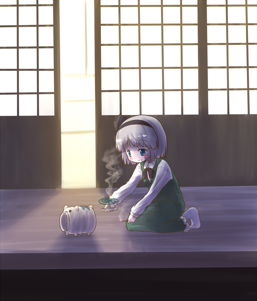 1girl arinu blush bow green_eyes hair_bow japanese_house katori_buta konpaku_youmu mosquito_coil seiza silver_hair sitting solo touhou