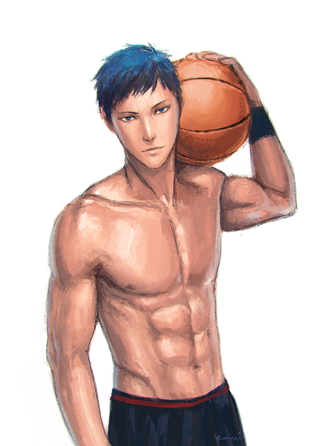 1boy abs aomine_daiki armband basketball blue_eyes blue_hair kamille_areopagita kuroko_no_basuke muscle navel shirtless short_hair