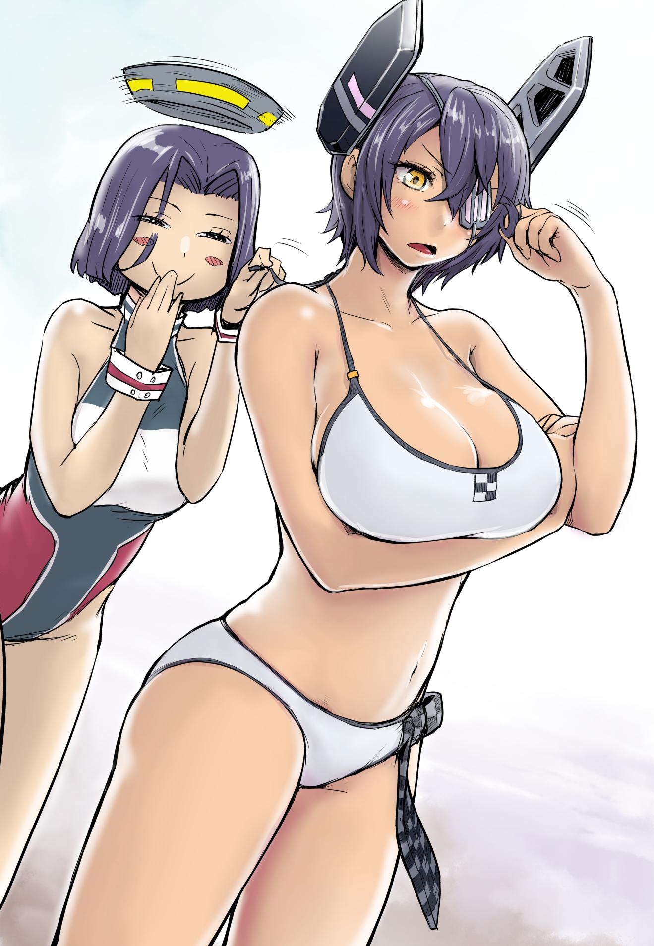 2girls bikini blush_stickers breasts checkered checkered_necktie cleavage eyepatch hand_in_hair hand_to_own_mouth headgear highres kantai_collection large_breasts mechanical_halo multiple_girls necktie nujima one-piece_swimsuit open_mouth purple_hair short_hair smile swimsuit tatsuta_(kantai_collection) tenryuu_(kantai_collection) untying white_bikini white_swimsuit wrist_cuffs yellow_eyes