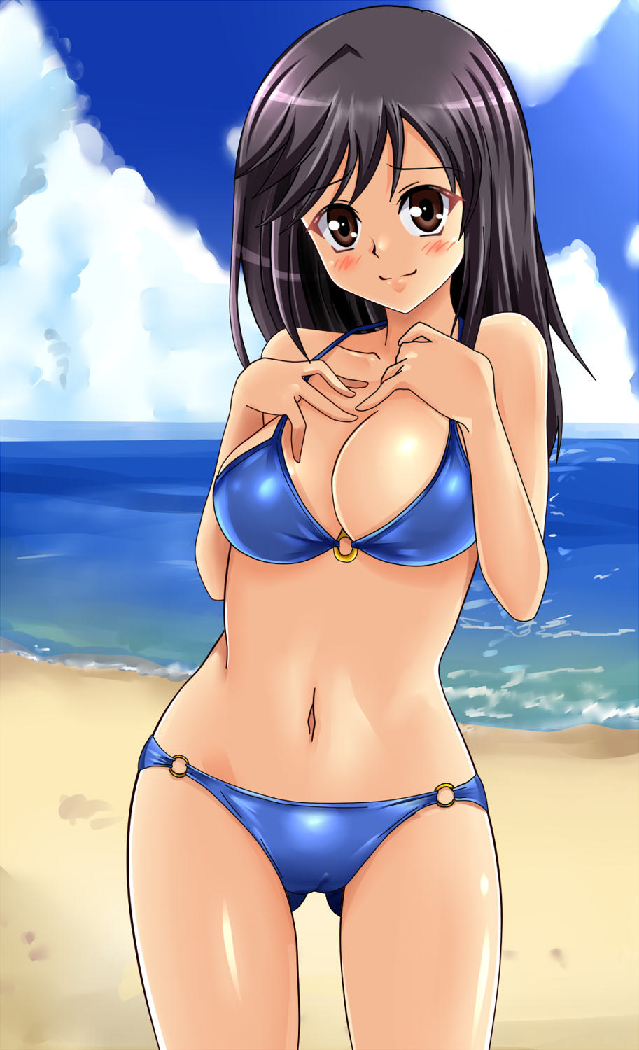 1girl beach bikini black_hair brown_eyes highres ichijou_hotaru long_hair non_non_biyori shiguko standing swimsuit
