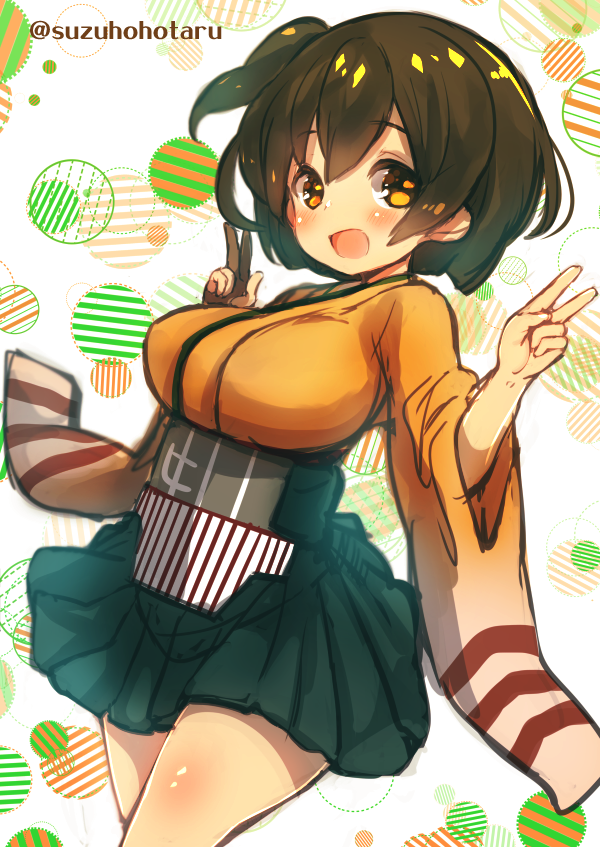 1girl age_difference age_regression blush brown_eyes brown_hair fingerless_gloves gloves hiryuu_(kantai_collection) japanese_clothes kantai_collection long_sleeves no_legwear open_mouth pleated_skirt short_hair skirt solo suzuho_hotaru twitter_username v wide_sleeves younger