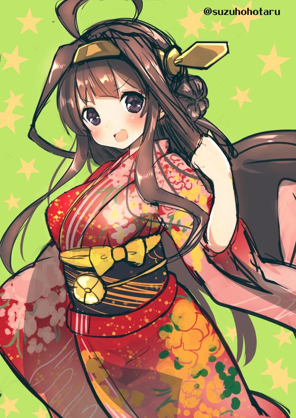 1girl ahoge blush breasts brown_eyes brown_hair clenched_hand commentary_request double_bun furisode hair_ornament hairband japanese_clothes kantai_collection kimono kongou_(kantai_collection) long_hair looking_at_viewer open_mouth solo suzuho_hotaru twitter_username yukata