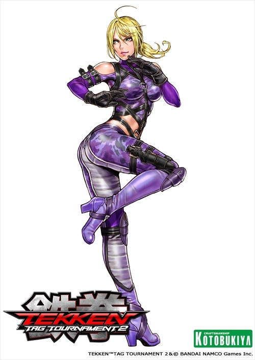 1girl ass bare_shoulders black_gloves blonde_hair blue_eyes bodysuit boots breasts camouflage female fighting_stance full_body gloves high_heel_boots high_heels holster knife kotobukiya light_smile lipstick long_hair looking_away makeup medium_breasts namco nina_williams nose official_art one_leg_raised ponytail solo standing_on_one_leg tekken tekken_tag_tournament_2 thigh_holster watermark yamashita_shun'ya