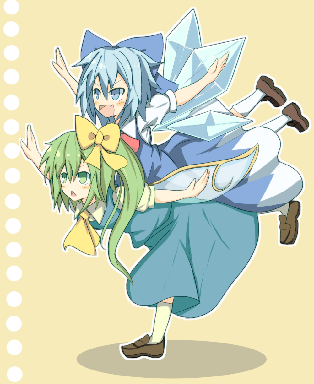 awa_hirotaka blue_bow blue_eyes blue_hair blush bow brown_shoes cirno daiyousei dress fang green_eyes green_hair hair_bow highres ice ice_wings multiple_girls open_mouth outstretched_arms overman_king_gainer parody ribbon shoes side_ponytail smile socks touhou white_legwear wings yellow_bow