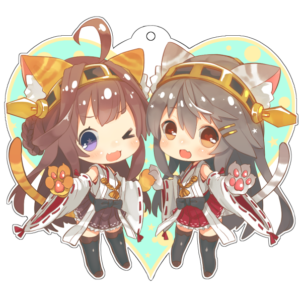 2girls animal_ears black_hair blue_eyes blush boots brown_hair cat_ears cat_paws cat_tail detached_sleeves double_bun hairband haruna_(kantai_collection) heart heart-shaped_pupils kantai_collection kongou_(kantai_collection) long_hair long_sleeves looking_at_viewer multiple_girls nontraditional_miko one_eye_closed orange_eyes paws skirt smile star star-shaped_pupils suzuho_hotaru symbol-shaped_pupils tail thigh-highs thigh_boots wide_sleeves