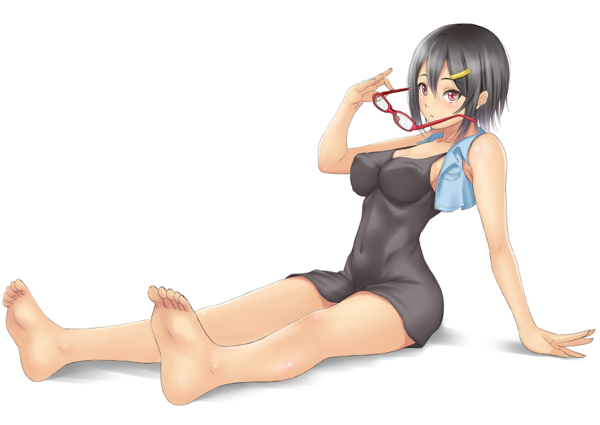 1girl barefoot black_hair croptop dress glasses glasses_removed muffin_(sirumeria) original red_eyes short_hair solo