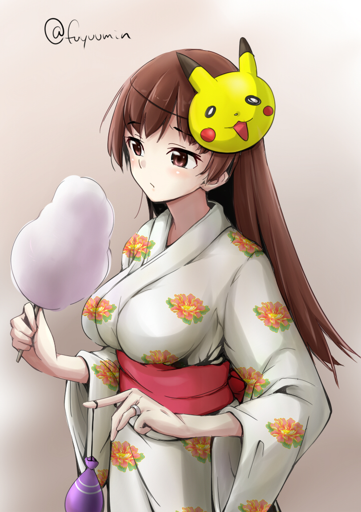 1girl breasts brown_eyes brown_hair character_mask cotton_candy eating fuyu_mi japanese_clothes jewelry kantai_collection kimono long_hair mask mask_on_head ooi_(kantai_collection) pikachu pokemon ring simple_background twitter_username water_yoyo yukata