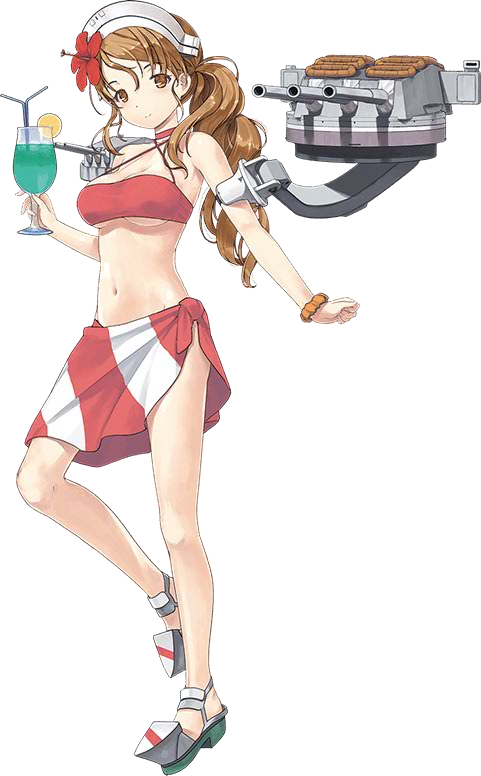 1girl bikini breasts brown_hair drink full_body garter_straps hair_ornament hat italia_(kantai_collection) jiji kantai_collection large_breasts littorio_(kantai_collection) looking_at_viewer machinery miniskirt necktie official_art sarong skirt swimsuit towel turret